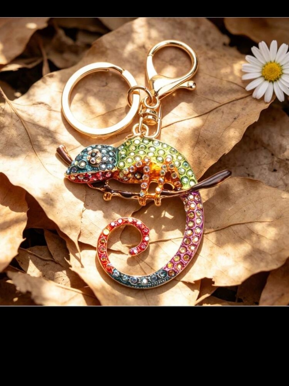 Rhinestone Rainbow Chameleon Keychain